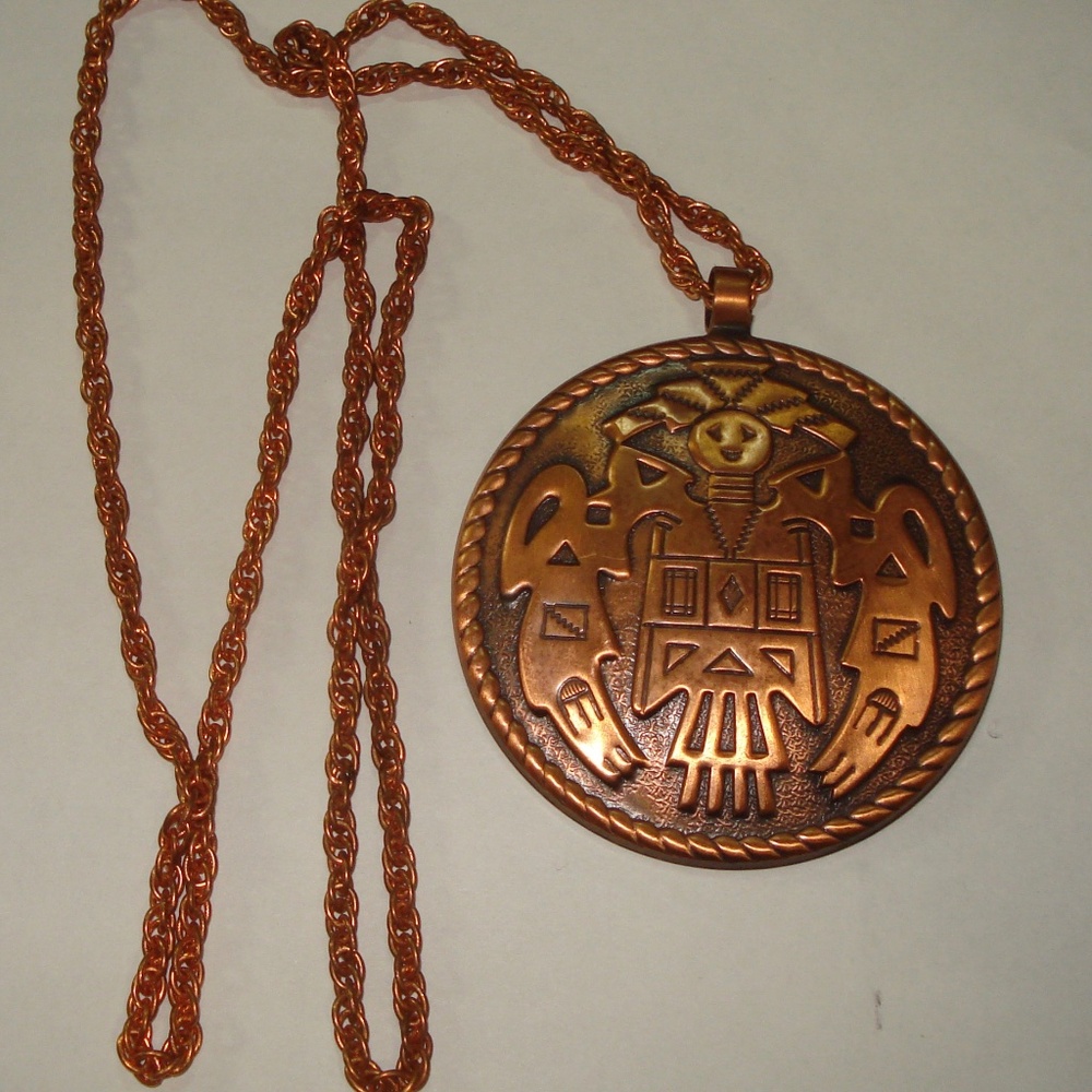 Vintage South Western Solid Copper Pendant Necklace   Bell Stamp